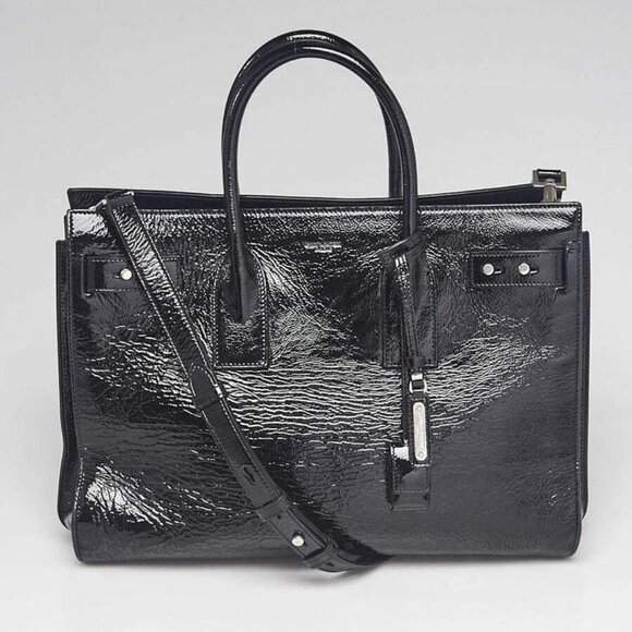 Yves Saint Laurent Black Textured Patent Leather Medium Sac de Jour Souple Bag - Picture 1 of 11